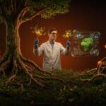 Imagen de geoingeniería natural que combina ecosistemas y tecnología para innovar en sostenibilidad y combatir el cambio climático.