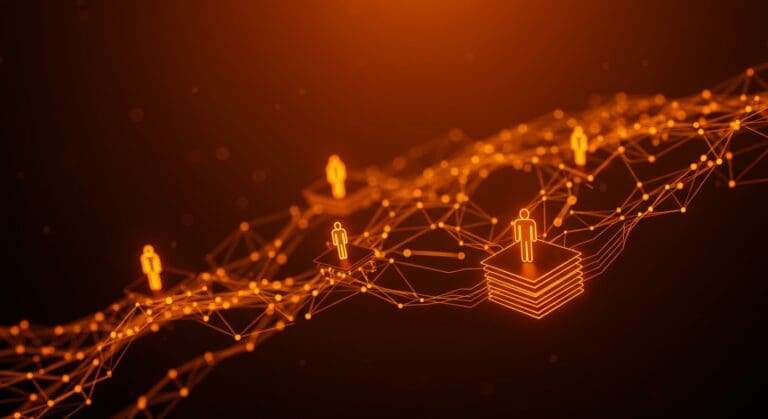 Ilustración conceptual de programación concurrente y sistemas distribuidos con actores mostrando la resiliencia y escalabilidad de Gleam OTP y Erlang.