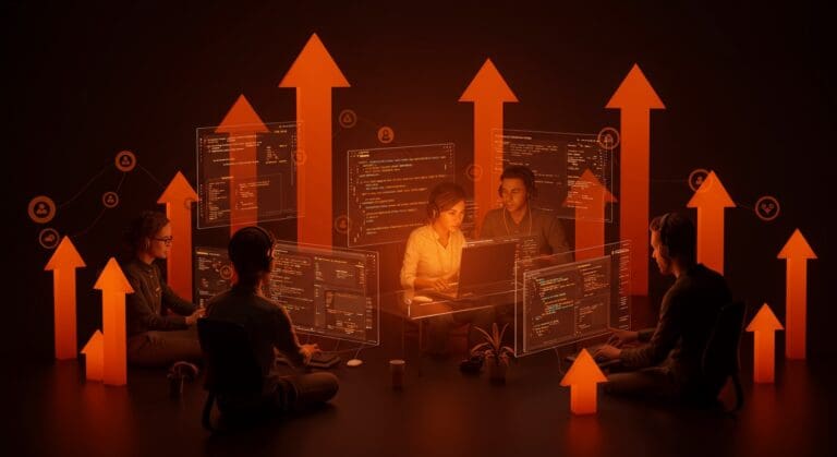 Ingenieros backend y full-stack colaborando remotamente en desarrollo de software con impacto social en startup tecnológica.