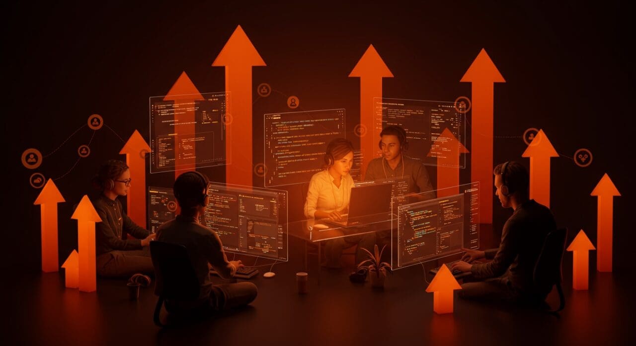 Ingenieros backend y full-stack colaborando remotamente en desarrollo de software con impacto social en startup tecnológica.