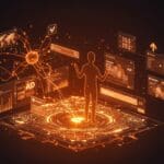 Interfaz digital avanzada con inteligencia artificial en Google Search y Discover mostrando anuncios colapsables y personalización para publicidad digital.