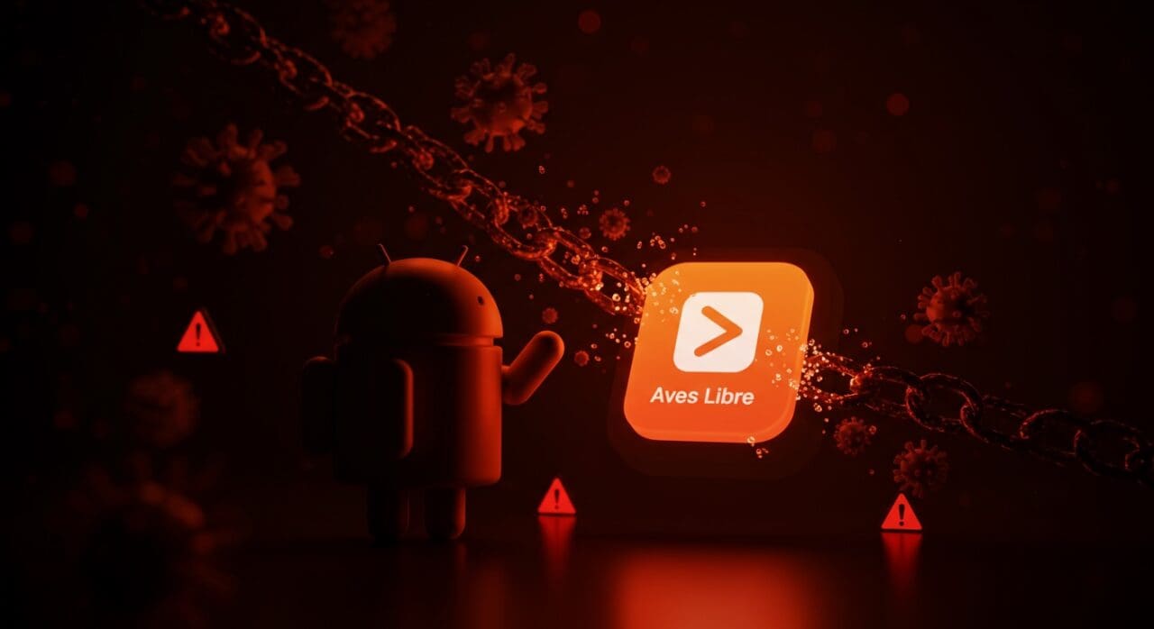 Mascota de Android inspeccionando la app Aves Libre marcada erróneamente como malware, representando desafíos de seguridad en la distribución de apps Android.