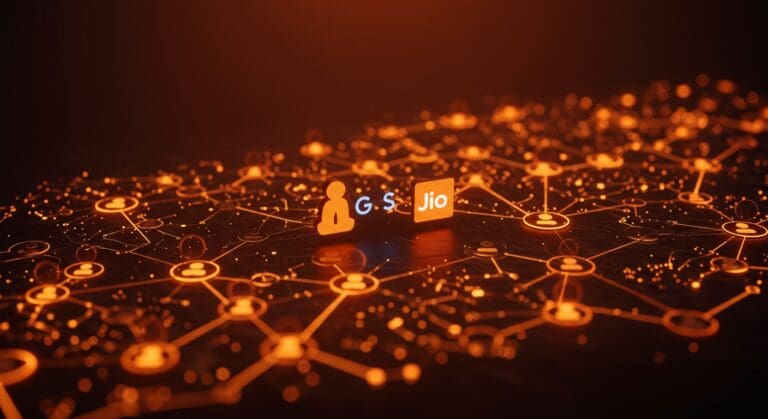Alianza entre Google y Reliance ofreciendo acceso gratuito a AI Pro a millones de usuarios de Jio en India, representando innovación tecnológica y conectividad AI.