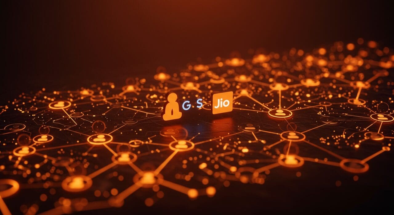Alianza entre Google y Reliance ofreciendo acceso gratuito a AI Pro a millones de usuarios de Jio en India, representando innovación tecnológica y conectividad AI.