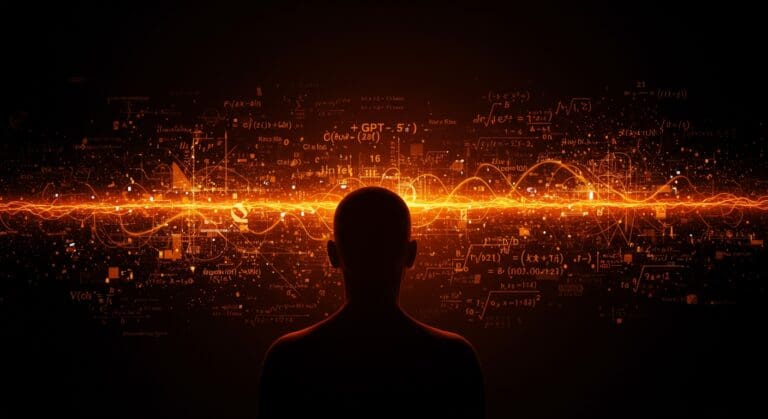 Silhouette analyzing abstract mathematical formulas and neural networks representing GPT-5, inteligencia artificial y debate sobre problemas matemáticos no resueltos.