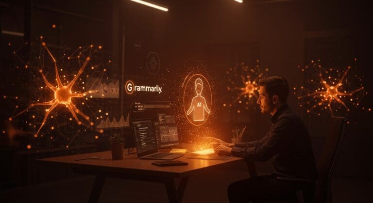 Imagen editorial de un profesional interactuando con asistente de IA, destacando la renovación de Grammarly a Superhuman y la productividad impulsada por inteligencia artificial.