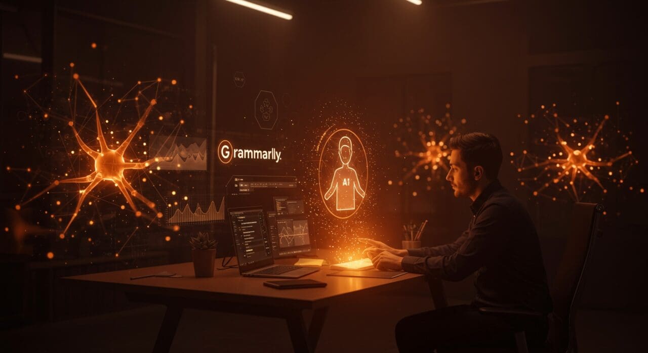 Imagen editorial de un profesional interactuando con asistente de IA, destacando la renovación de Grammarly a Superhuman y la productividad impulsada por inteligencia artificial.