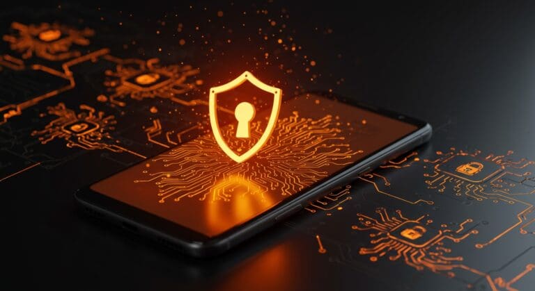 Smartphone con icono de privacidad brillante representando GrapheneOS y la expansión de la seguridad móvil privada en dispositivos Android.