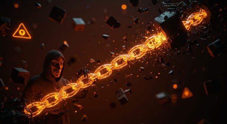 Intrusión de hackers estatales en red de telecomunicaciones de Ribbon Communications representada con cadenas digitales rotas y flujos de datos en tonos naranja y negro.