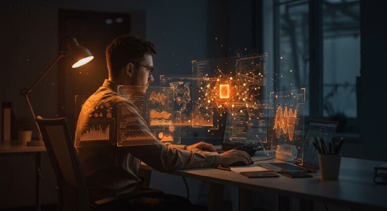 Desarrollador full-stack trabajando con interfaces digitales y visuales de inteligencia artificial en el sector de salud, en un entorno startup innovador.