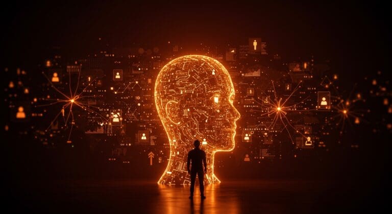 Humano frente a una interfaz digital de inteligencia artificial representando los riesgos humanos en el desarrollo ético de la tecnología.