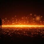 Emprendedor frente a un horizonte digital representando IA y Web3 para startups en 2025, con metáforas de blockchain, inteligencia artificial e innovación tecnológica.