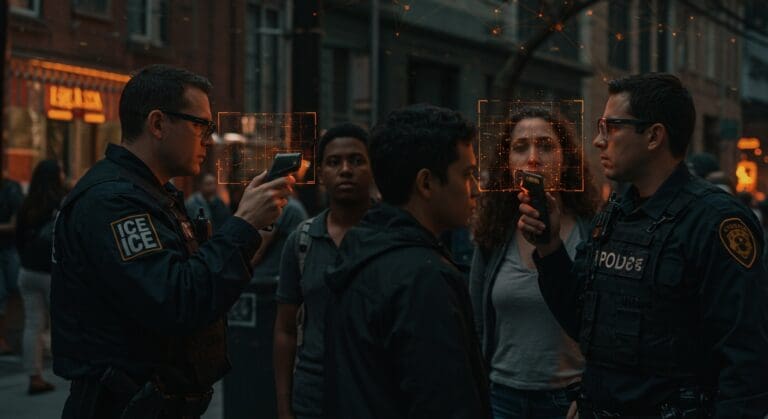 Agentes de ICE y CBP utilizando reconocimiento facial público para vigilancia biométrica y verificación de ciudadanía con enfoque en privacidad y derechos civiles.