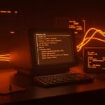 Entorno de desarrollo clásico con IDEs de hace 30 años como Turbo C++ y QuickBASIC, destacando la eficiencia y simplicidad en el desarrollo de software legacy en modo texto.