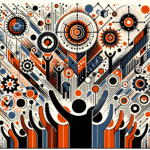 Imagen editorial que representa convocatorias y colaboración en startups con paleta Ecosistema Startup naranja y negro