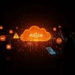 Análisis visual del impacto de la caída global de Azure en la infraestructura cloud con símbolos de CDN y DNS en Ecosistema Startup colores.