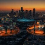 Impacto del calor urbano en Houston mostrado con islas de calor y tecnología ambiental para sostenibilidad urbana.