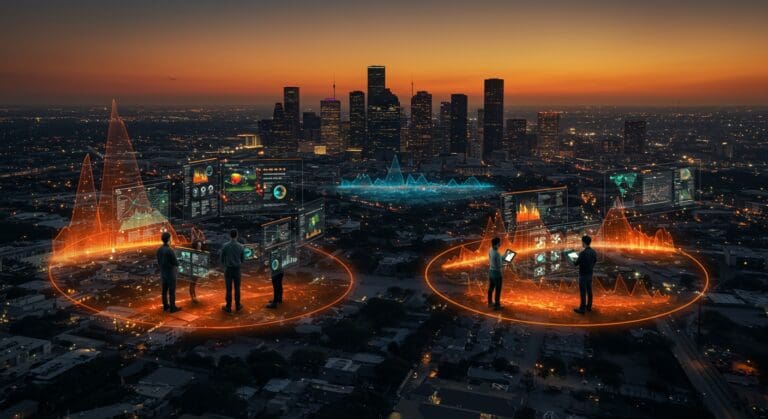 Impacto del calor urbano en Houston mostrado con islas de calor y tecnología ambiental para sostenibilidad urbana.