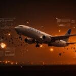 Boeing 737 de United Airlines realizando un aterrizaje de emergencia tras impacto de escombros espaciales, ilustración sobre seguridad y gestión de riesgos en aviación comercial.