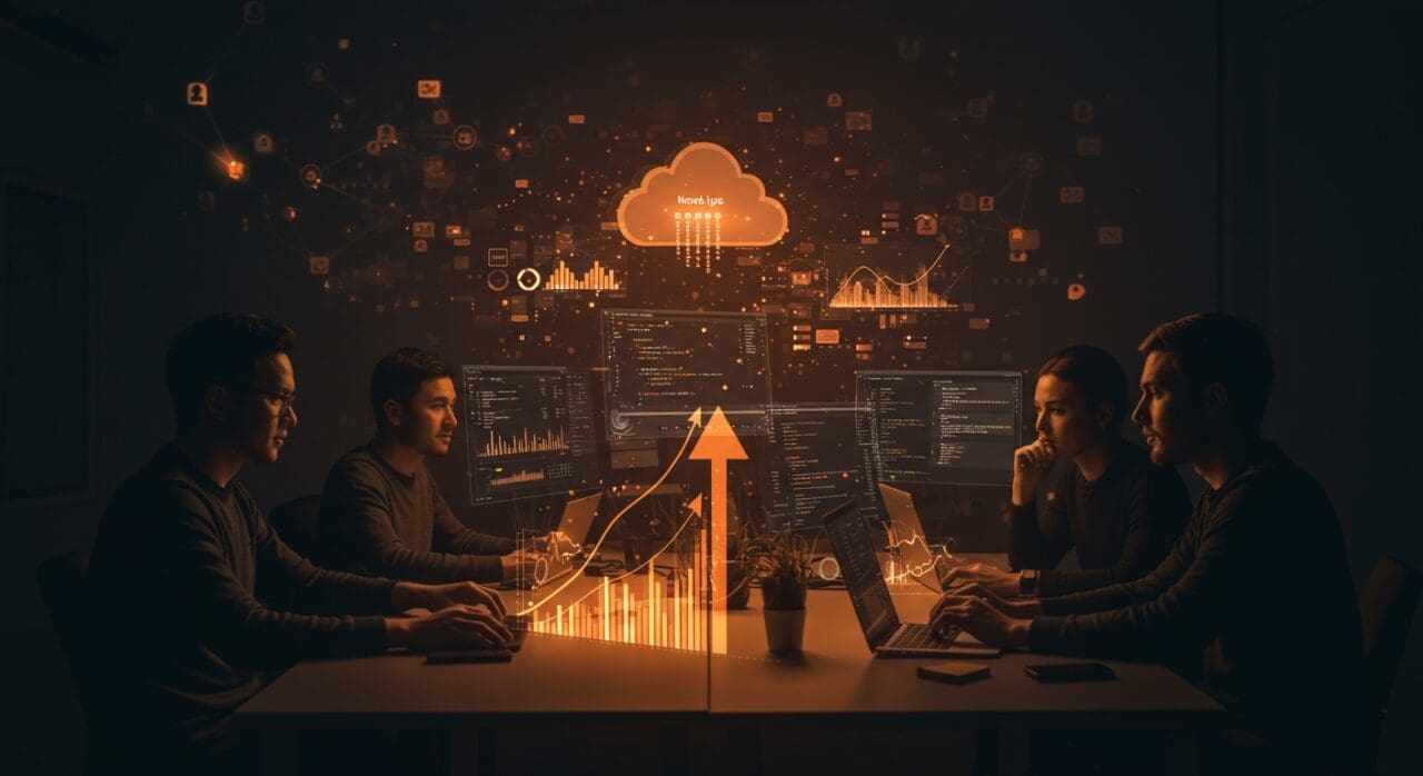 Equipo de ingenieros full stack colaborando en trabajo remoto para startup Infisical, con tecnologías Node.js y TypeScript destacadas.