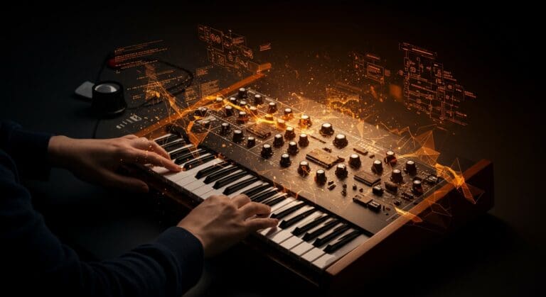 Ingeniería inversa de firmware en sintetizador vintage Yamaha DX7 mostrando innovación tecnológica en startups hispanas.