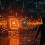 Fusión artística de chip Intel y núcleo de IA SambaNova simbolizando la adquisición y liderazgo tecnológico en IA.