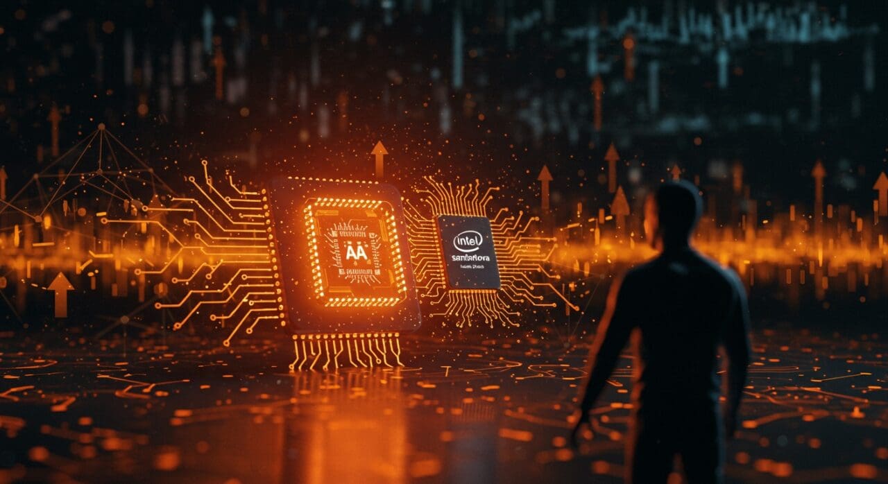 Fusión artística de chip Intel y núcleo de IA SambaNova simbolizando la adquisición y liderazgo tecnológico en IA.