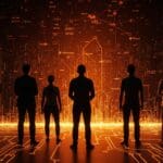 Inversiones en infraestructura IA con líderes tecnológicos frente a centros de datos futuristas en paleta naranja y negro.