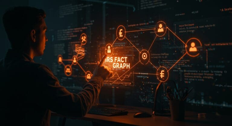 Representación visual del IRS Fact Graph open source para tecnología tributaria y automatización fiscal en startups.