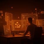 Full Stack Developer trabajando remotamente en tecnologías MongoDB, Node.js y React para startup YC con ambiente moderno en paleta naranja y negro.