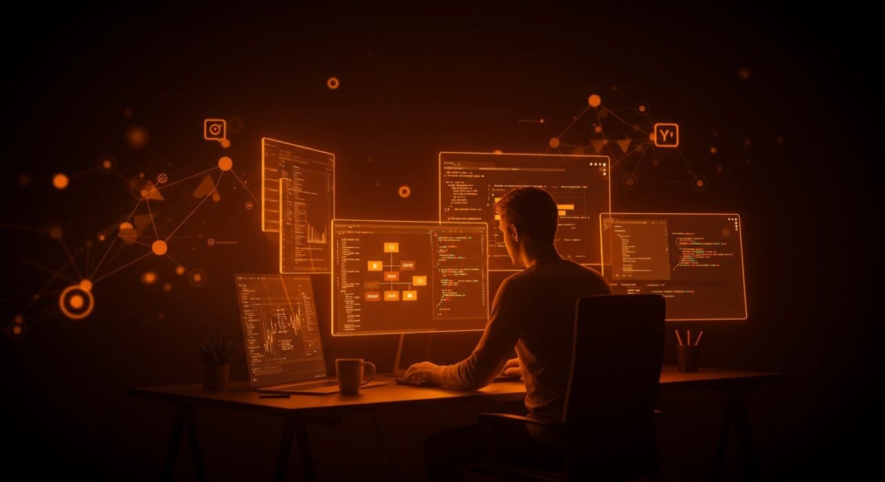 Full Stack Developer trabajando remotamente en tecnologías MongoDB, Node.js y React para startup YC con ambiente moderno en paleta naranja y negro.