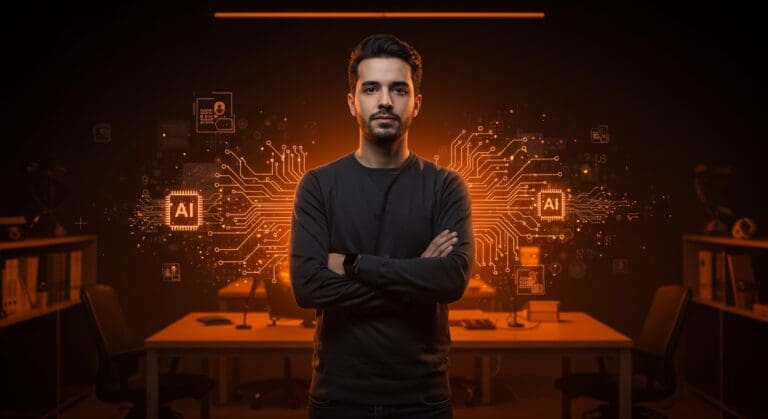 Andrés Valdivieso fundador de Kaspix en ambiente tecnológico futurista con circuitos analógicos y sensores IA representando innovación en inteligencia artificial.