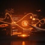 Interfaz digital de búsqueda y reserva de viajes con AI Mode de Kayak, destacando la inteligencia artificial en la planificación turística.