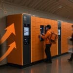 Lockers inteligentes de Kubi y Blue Express instalados en el Metro de Santiago, destacando innovación logística y entregas urbanas.