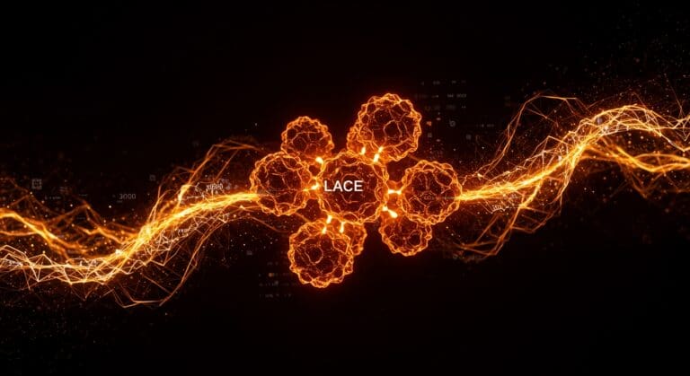Visualización del autómata celular LACE en paleta naranja y negro, representando simulación compleja y redes adaptativas para inteligencia artificial y startups.