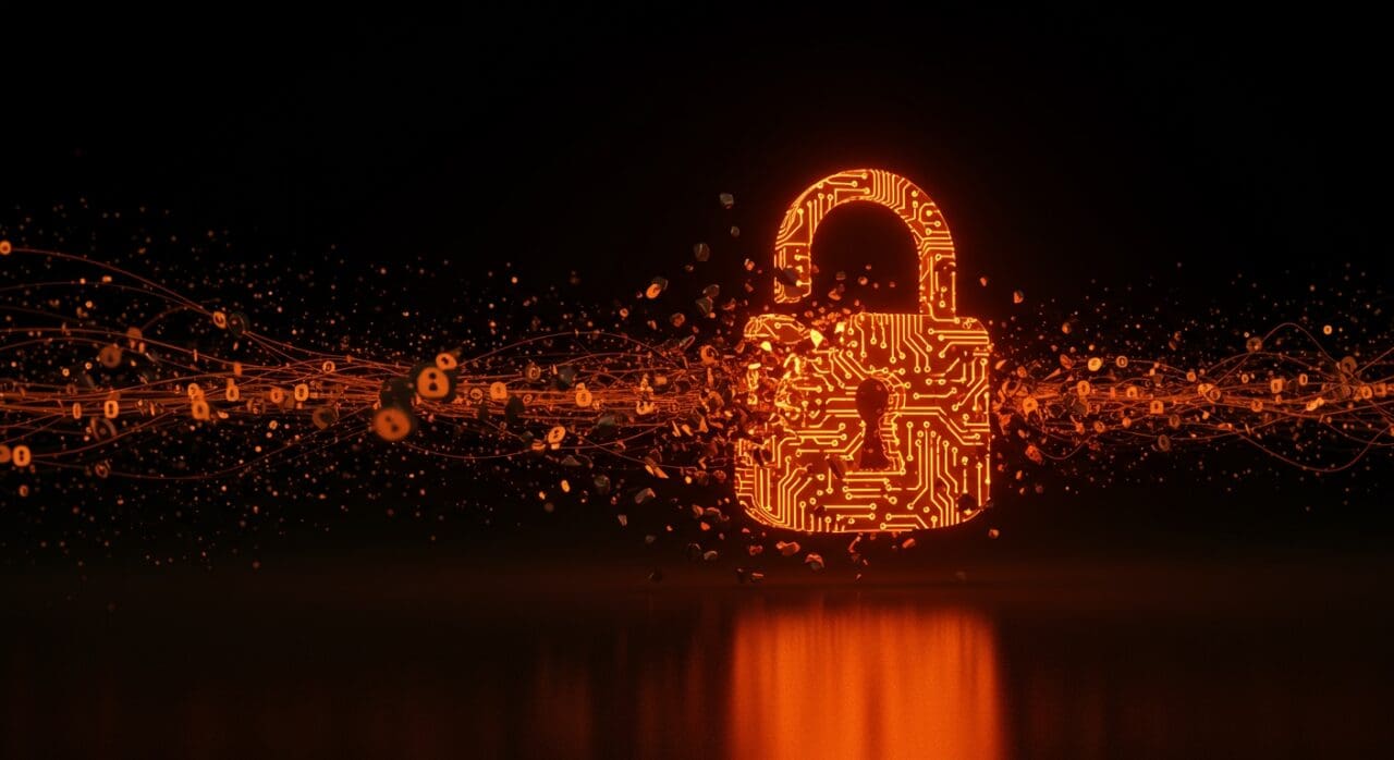 Ilustración digital de un candado en circuitos naranjas simbolizando los certificados SSL gratuitos de Let's Encrypt y su impacto en la seguridad web para startups en 2025.