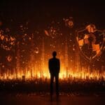 Incidente de ciberseguridad en LG Uplus y operadores surcoreanos de telecomunicaciones, ilustrado con metáforas digitales y paleta naranja y negra.