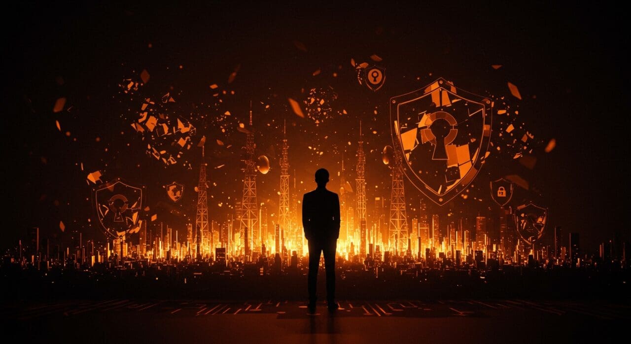 Incidente de ciberseguridad en LG Uplus y operadores surcoreanos de telecomunicaciones, ilustrado con metáforas digitales y paleta naranja y negra.