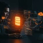Desarrollador revisando sistema de backup SQLite con representaciones visuales de migración y respaldo en la nube en Ecosistema Startup.