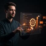 Fundador tech interactuando con lenguaje de configuración MAML que combina simplicidad de JSON y YAML, destacando automatización y desarrollo software.