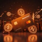 Mastercard negociando la adquisición de Zerohash, representado con tarjeta Mastercard fusionándose con iconos digitales de stablecoins en un entorno fintech futurista.