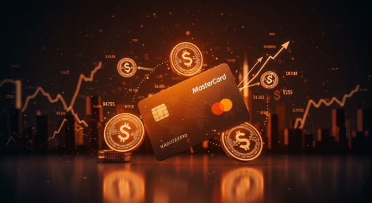 Mastercard negociando la adquisición de Zerohash, representado con tarjeta Mastercard fusionándose con iconos digitales de stablecoins en un entorno fintech futurista.