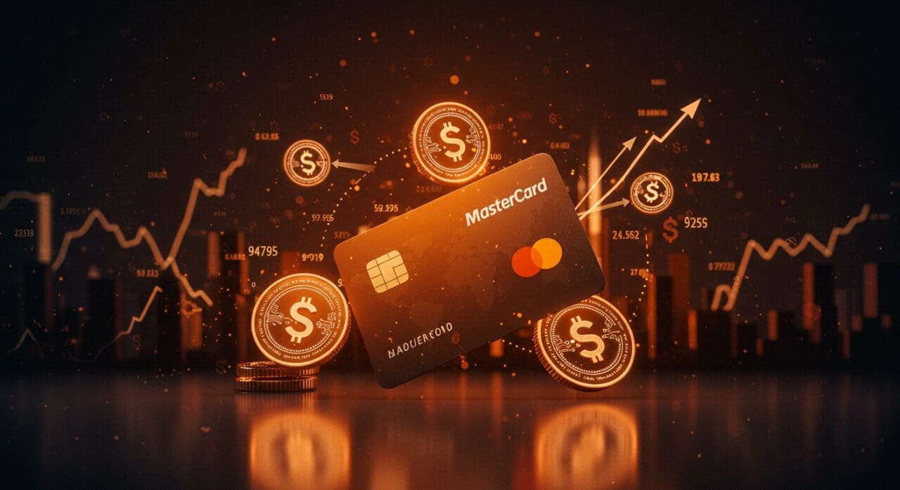 Mastercard negociando la adquisición de Zerohash, representado con tarjeta Mastercard fusionándose con iconos digitales de stablecoins en un entorno fintech futurista.