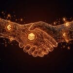 Visualización conceptual de Mastercard negociando la adquisición de Zerohash en criptomonedas y stablecoins con elementos fintech y blockchain en tonos naranja y negro.