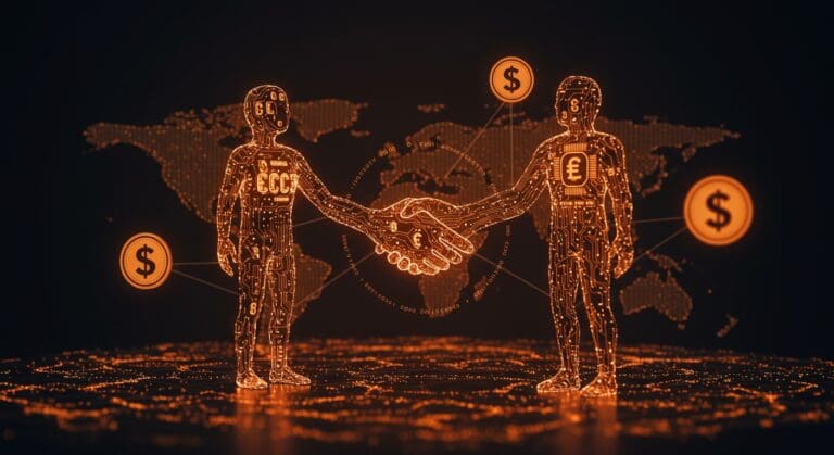 Mastercard negociando la compra de zerohash representada con símbolos digitales de pagos, criptomonedas y blockchain en estilo editorial Cinematic.