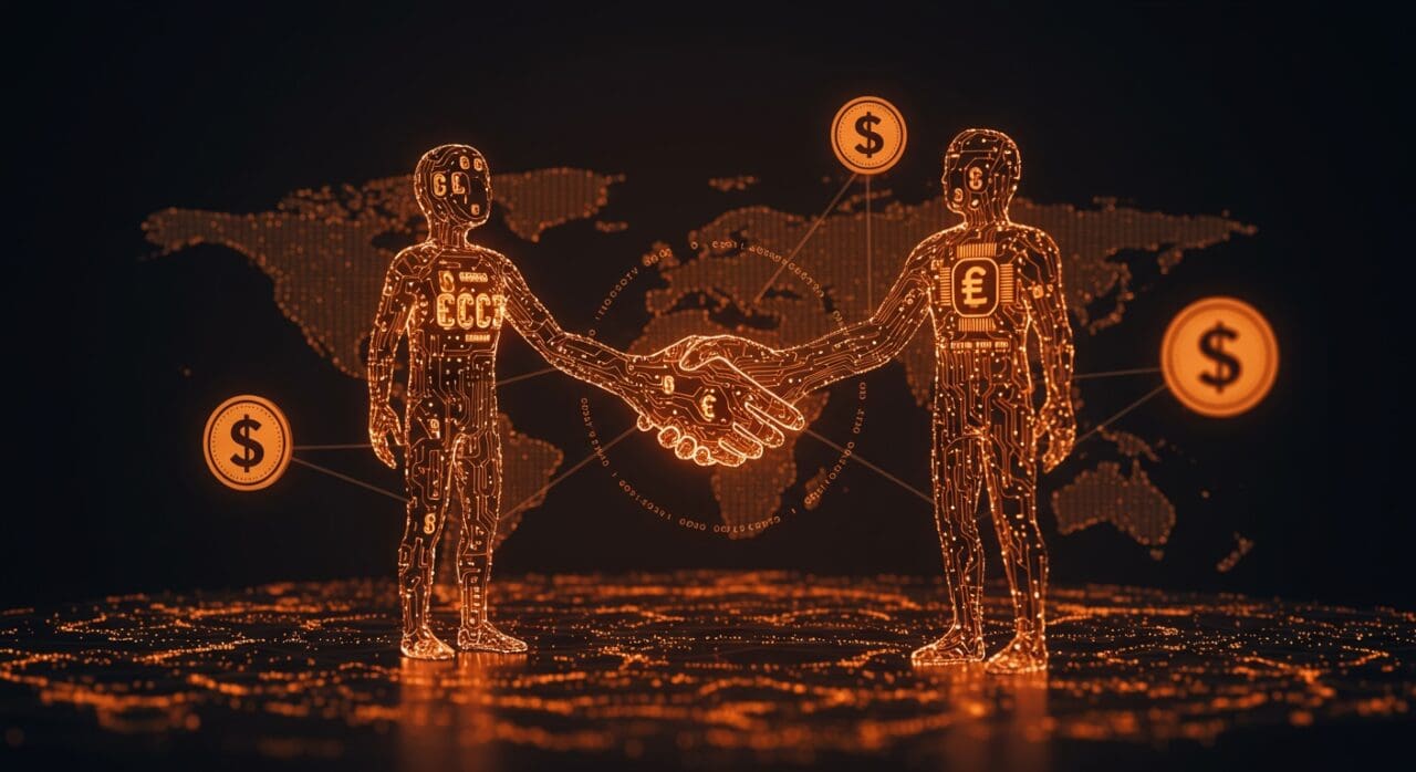 Mastercard negociando la compra de zerohash representada con símbolos digitales de pagos, criptomonedas y blockchain en estilo editorial Cinematic.