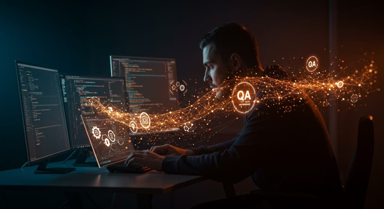 Desarrollador depurando código con herramientas avanzadas, simbolizando mejora de calidad de software y automatización en desarrollo tech.