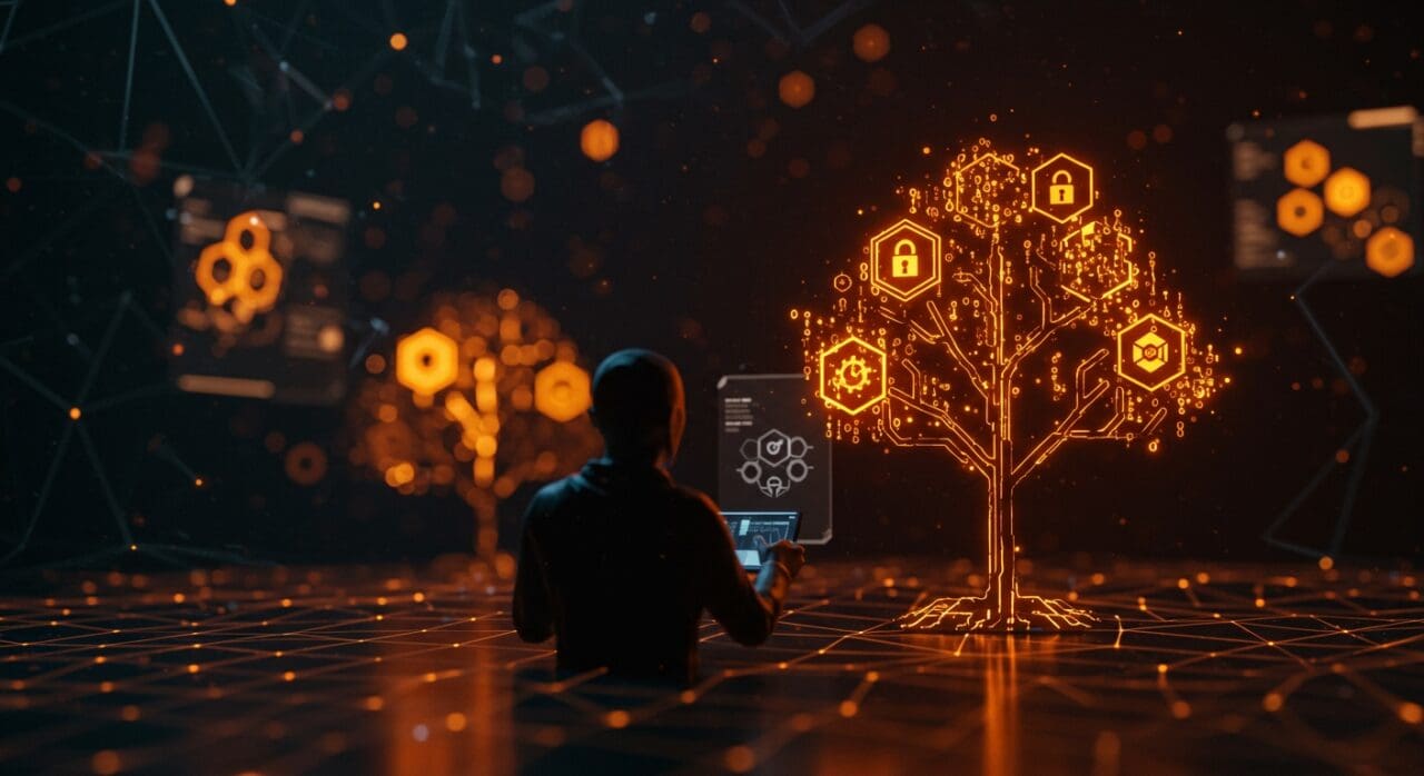 Ilustración digital de un árbol Merkle como símbolo de seguridad post-cuántica en criptografía, destacando eficiencia y protección en internet.