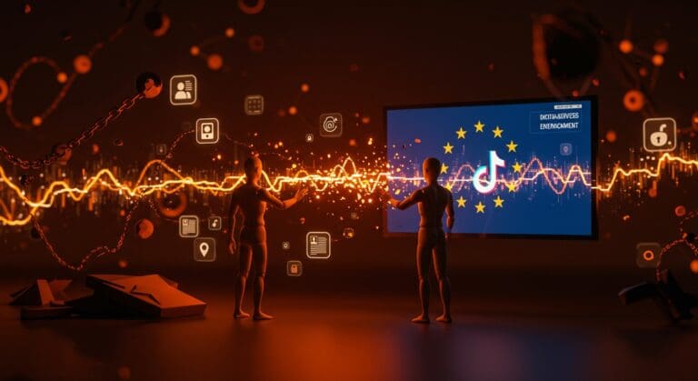 Meta y TikTok enfrentan sanciones de la UE por limitar acceso a datos según el Digital Services Act, ilustrado con iconografía digital y metáforas de transparencia y regulación.
