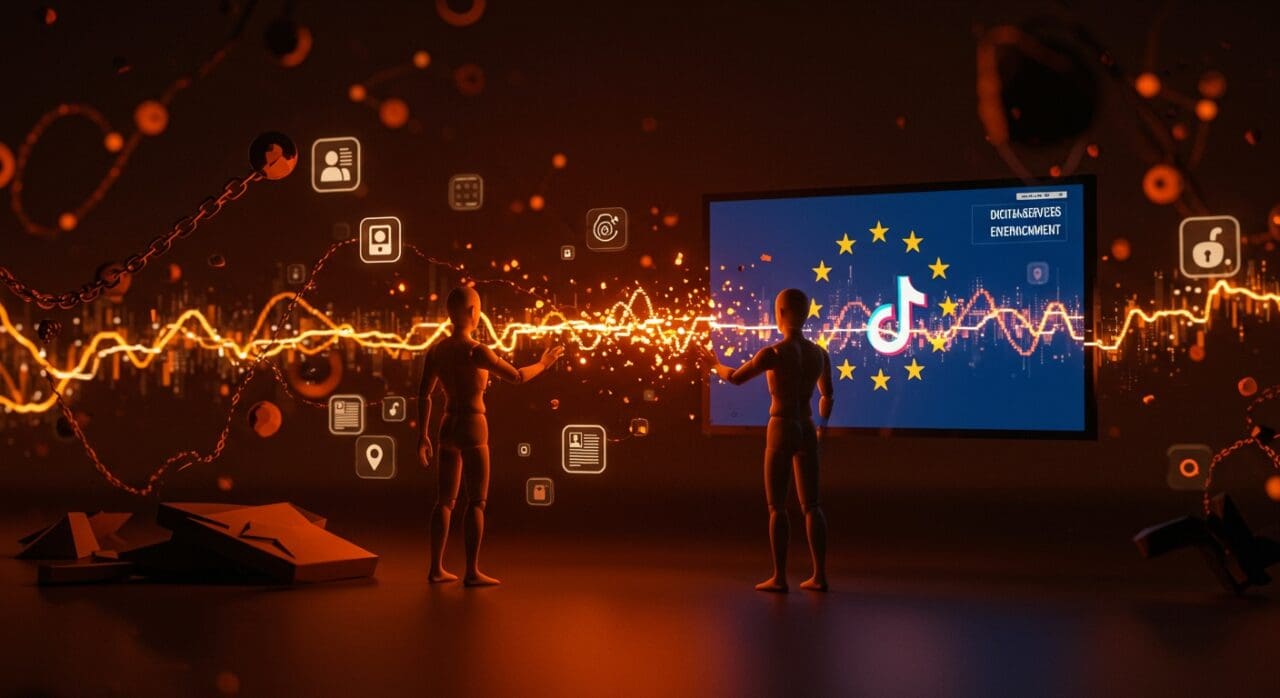 Meta y TikTok enfrentan sanciones de la UE por limitar acceso a datos según el Digital Services Act, ilustrado con iconografía digital y metáforas de transparencia y regulación.